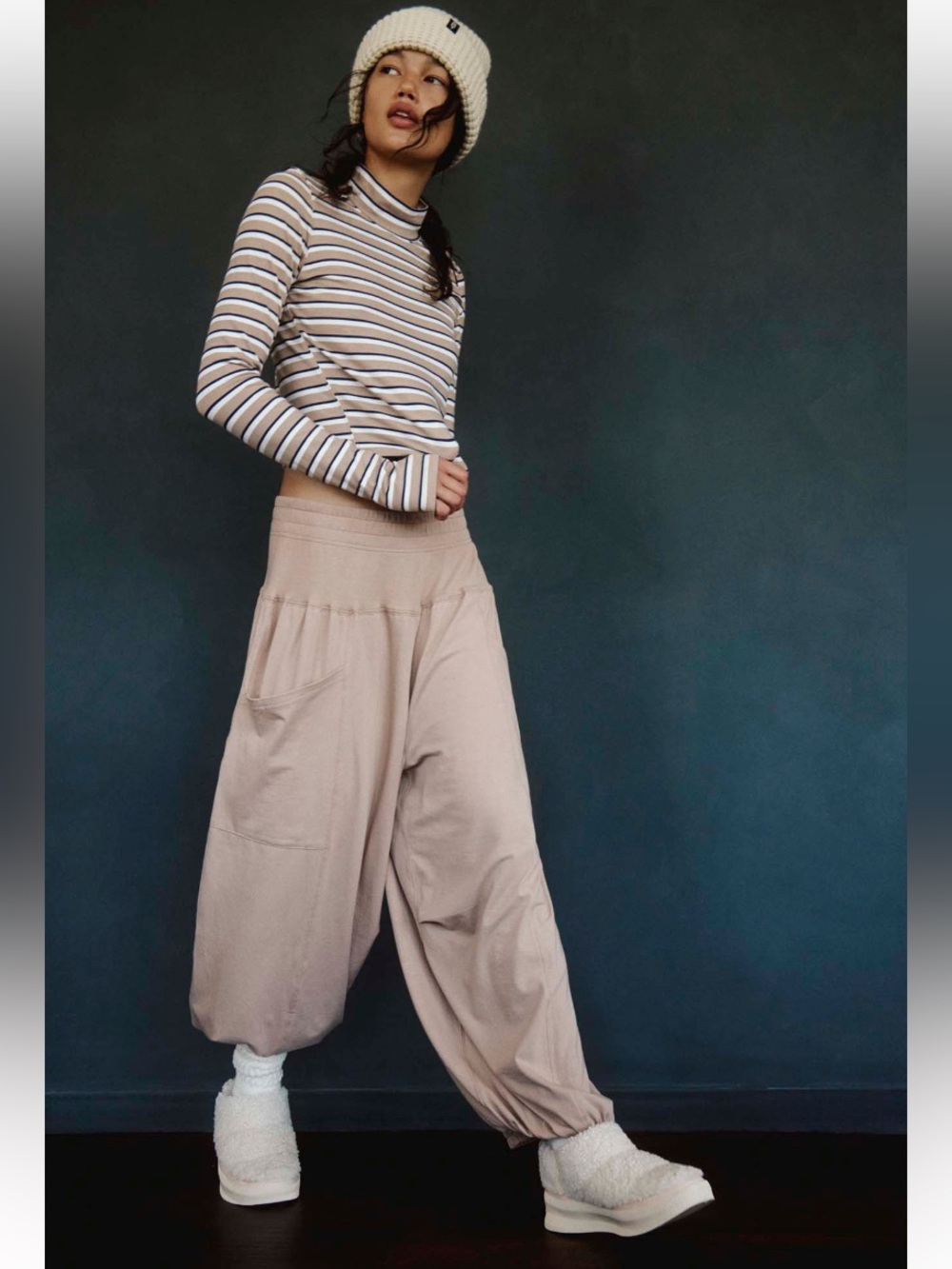 FP Movement SET Up In The Air Midnight Striped Tan Blue Top & Harem Pants NWT